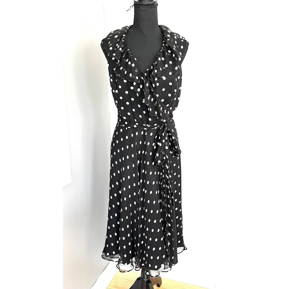 LRL Ralph Lauren 100% Silk Black White Polka Dot Midi Dress Wrap Size 8 Classy